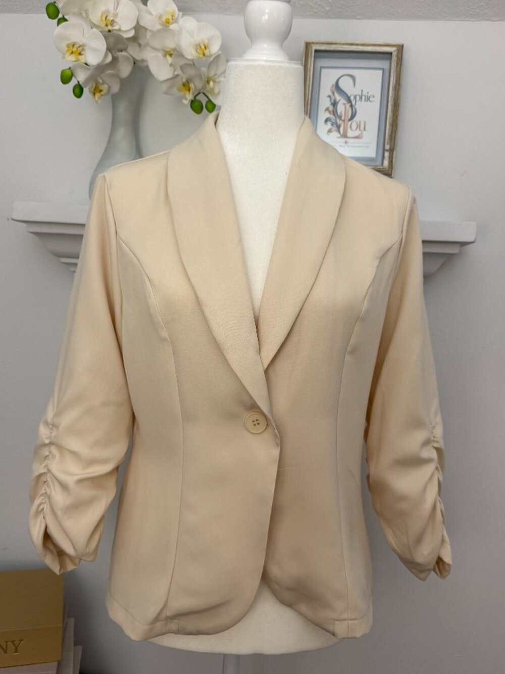 Beige Ruched 3/4 Sleeve Fitted Blazer Single Button Jacket Size S